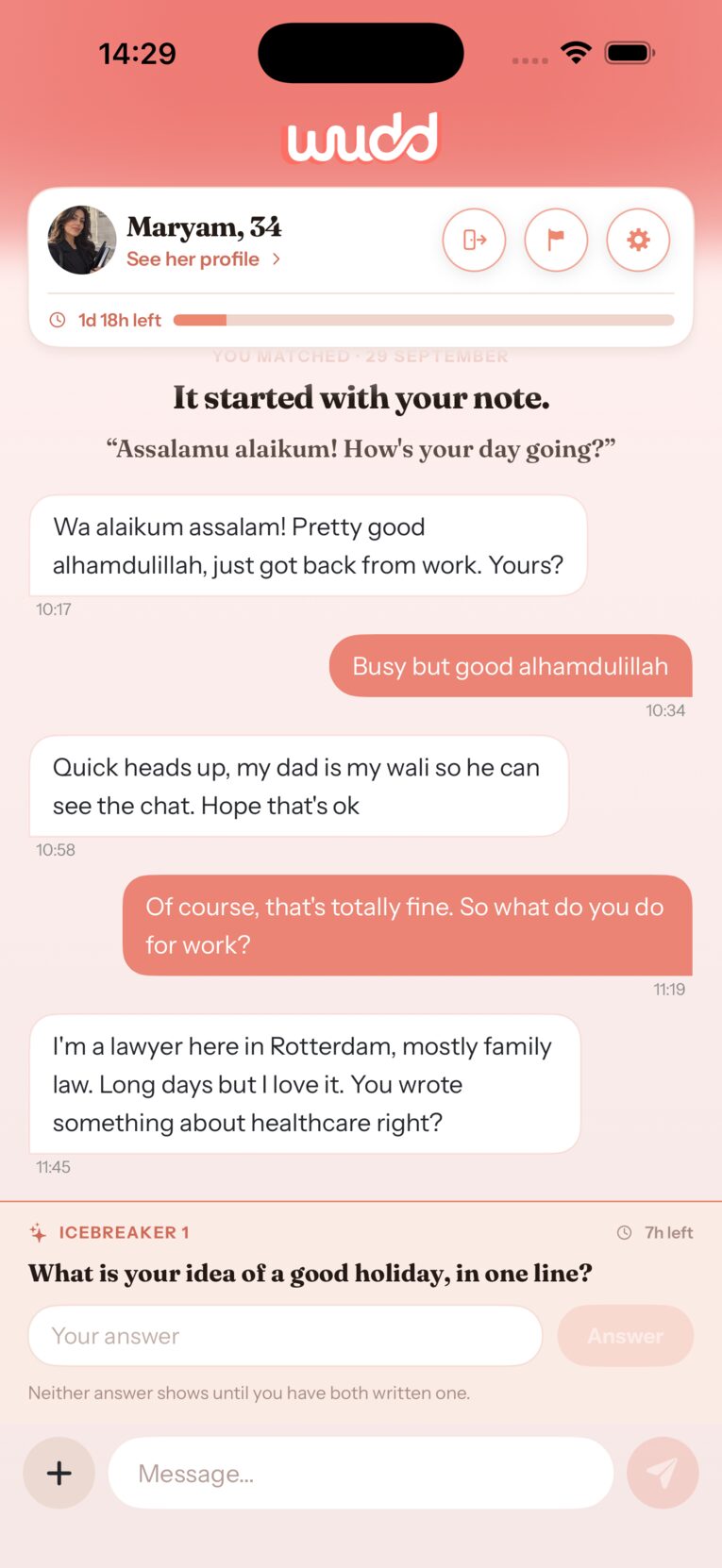 App screenshot: the first conversation between Yusuf and Maryam, with a shared icebreaker question