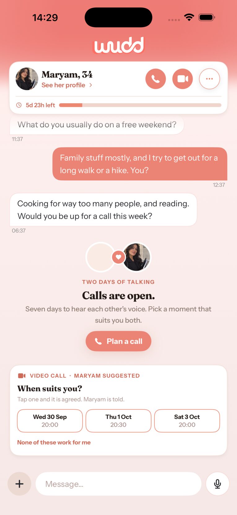 App screenshot: calls are open and Maryam suggests three times for a video call