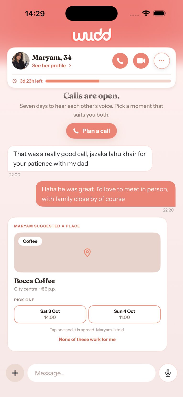 App screenshot: after the call, Maryam suggests a public coffee place and two times to meet
