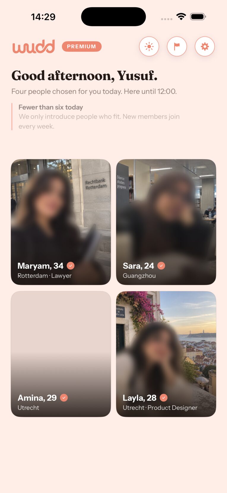 Wudd app — today’s introductions: four people chosen for you, photos blurred until a match